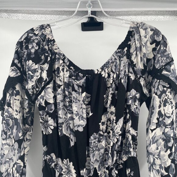 ANGIE Womens Floral Romper Long Belle Sleeves Lace Trim Black/Multi Size Medium - Picture 2 of 8